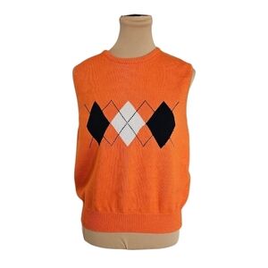 JM Knits Orange and Black Crewneck Argyle Sweater Vest Sz L